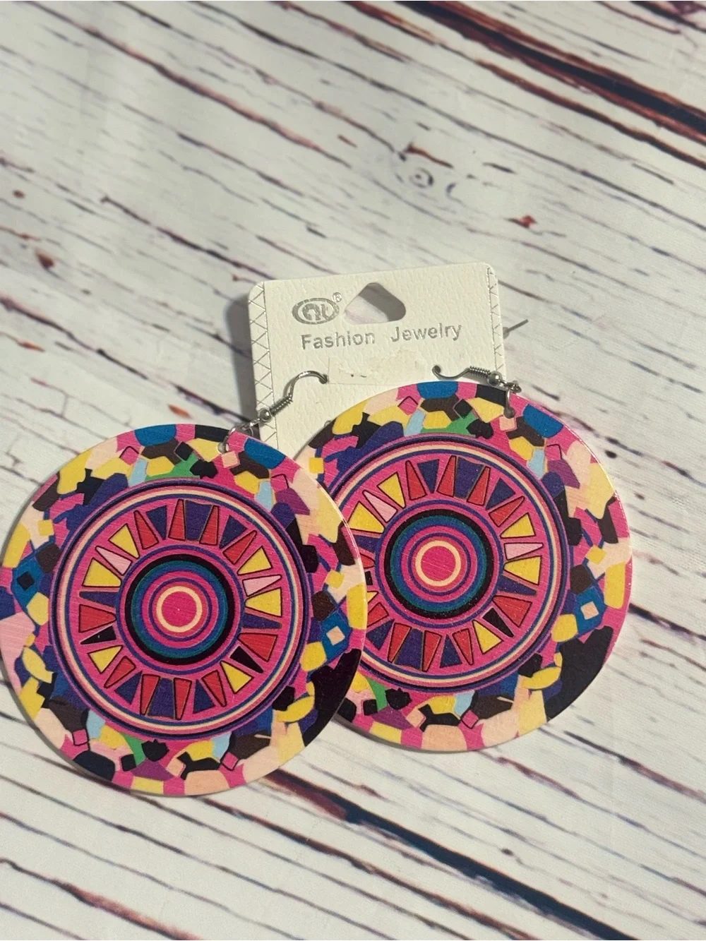 Colorful Boho Mandala Wooden Statement Earrings